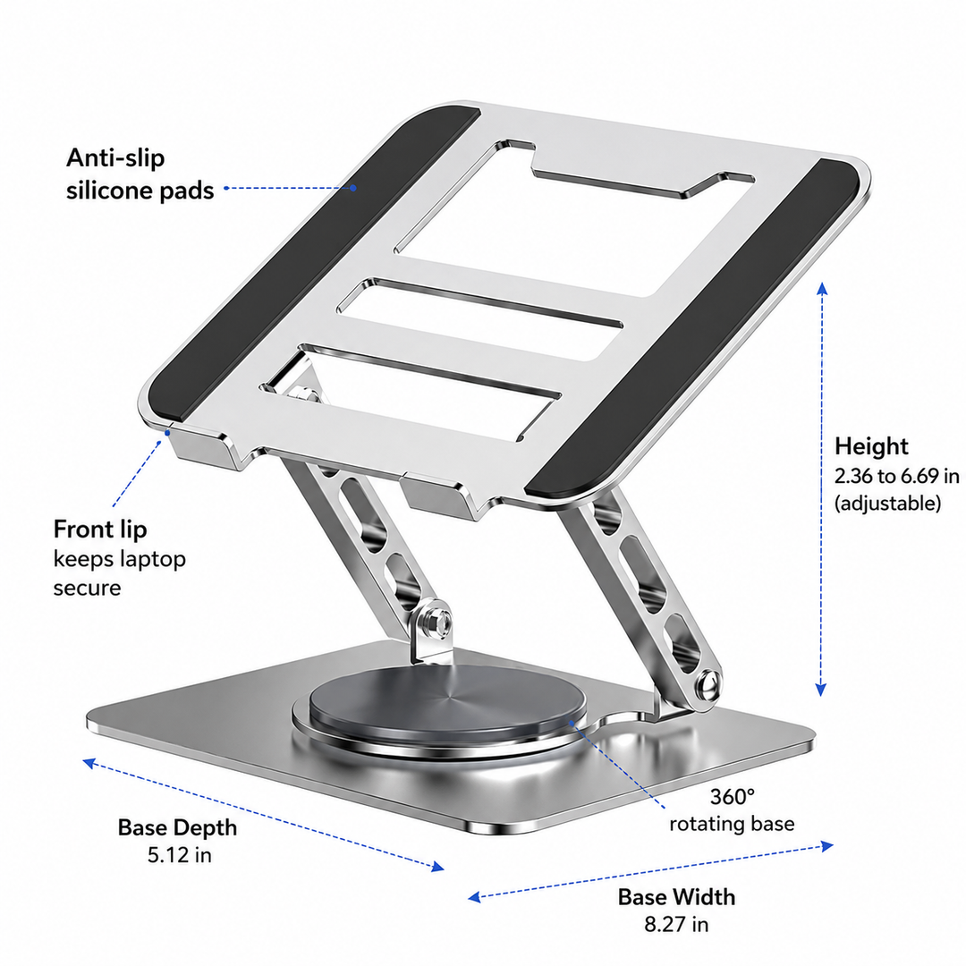 Laptop Stand | 360° Rotating Base | Adjustable Aluminum Design | Fits Laptops Up to 17 in