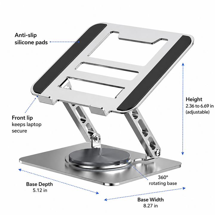 Laptop Stand | 360° Rotating Base | Adjustable Aluminum Design | Fits Laptops Up to 17 in