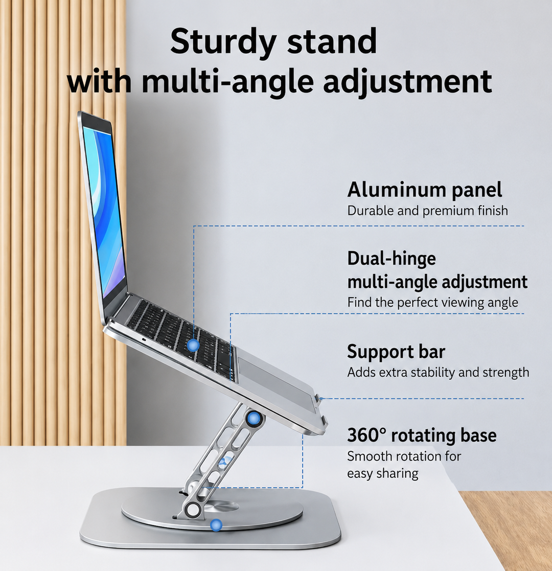 Laptop Stand | 360° Rotating Base | Adjustable Aluminum Design | Fits Laptops Up to 17 in
