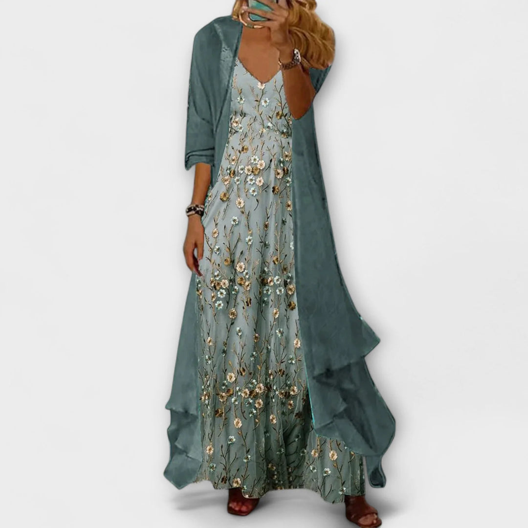 Lily - Floral Maxi Dress for Women with Open Front Cardigan and V-Neck