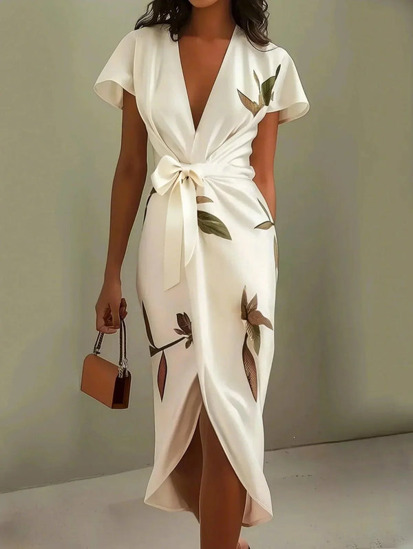 Lily - Chic Women's Wedding Guest Dress with Deep V Neck and Self-Tie Bow Waist