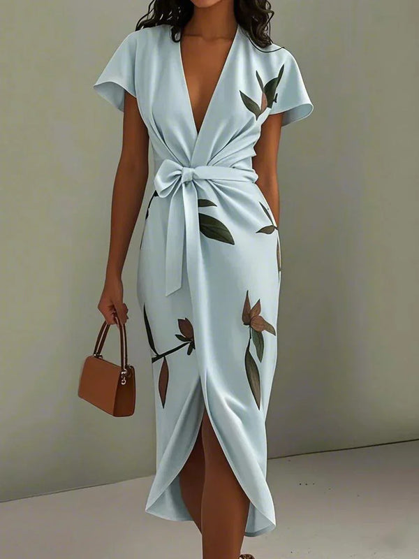 Lily - Chic Women's Wedding Guest Dress with Deep V Neck and Self-Tie Bow Waist