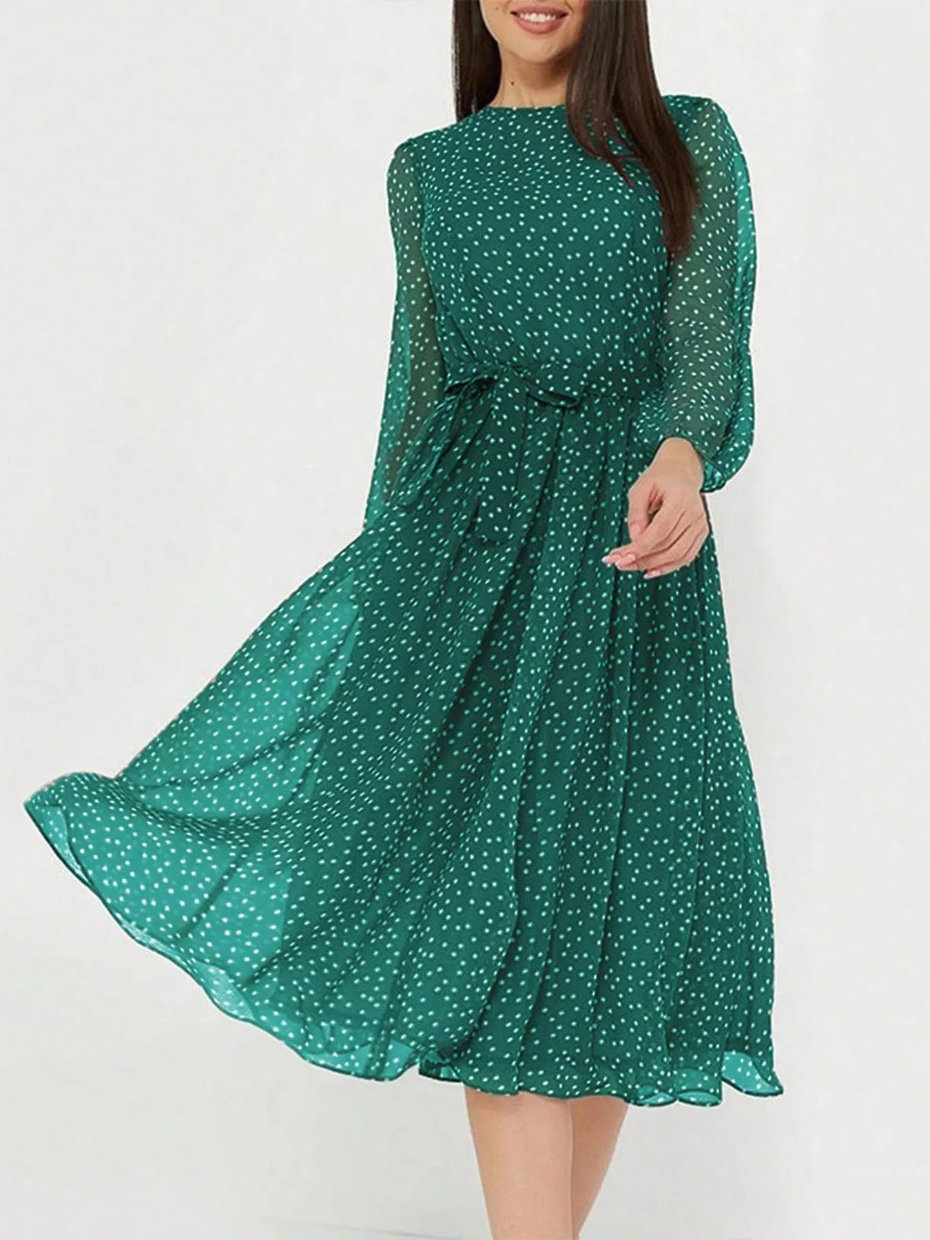 Lily - Romantic Women's Wedding Guest Midi Dress with Long Sleeves and Polka Dot Print