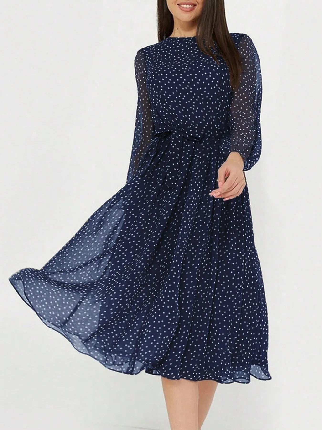 Lily - Romantic Women's Wedding Guest Midi Dress with Long Sleeves and Polka Dot Print