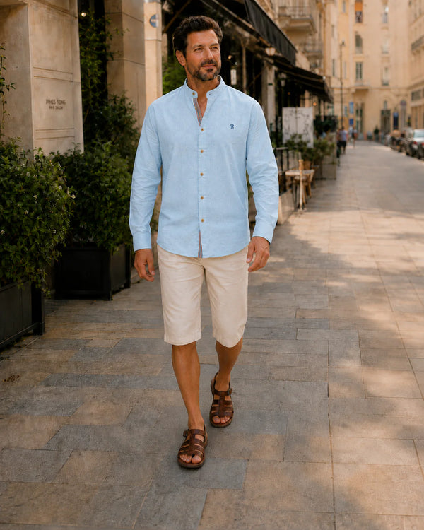 Logan - Smart Men's Linen Shirt with Grandad Collar and Long Sleeves
