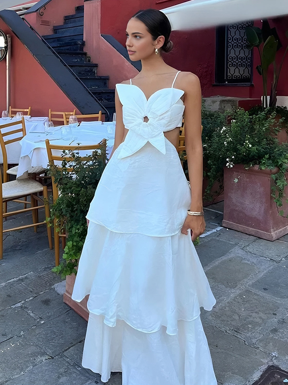 Luna - Flowy Women's Wedding Guest Dress with Twist Cutout Bodice and Tiered Maxi Skirt