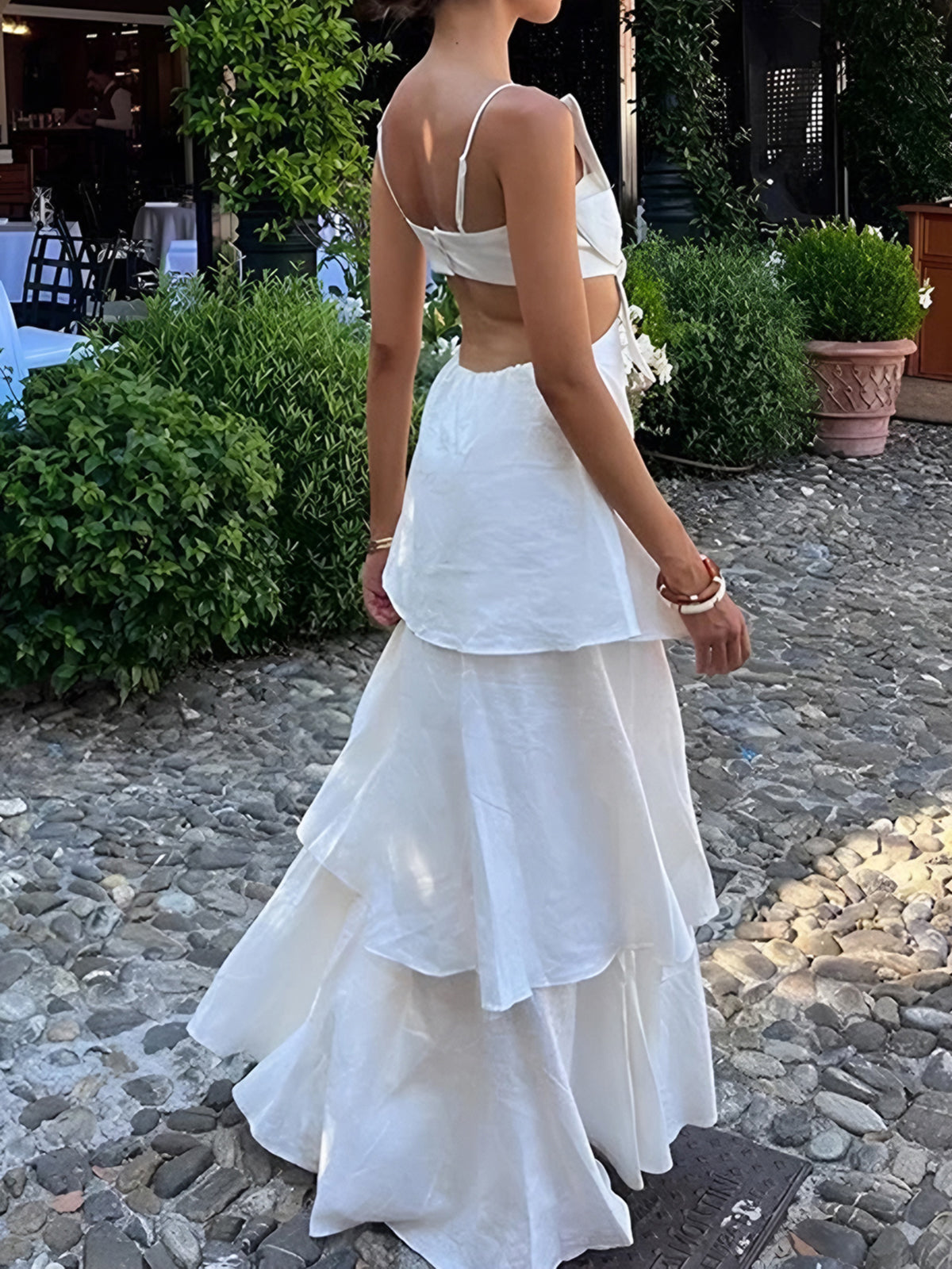Luna - Flowy Women's Wedding Guest Dress with Twist Cutout Bodice and Tiered Maxi Skirt