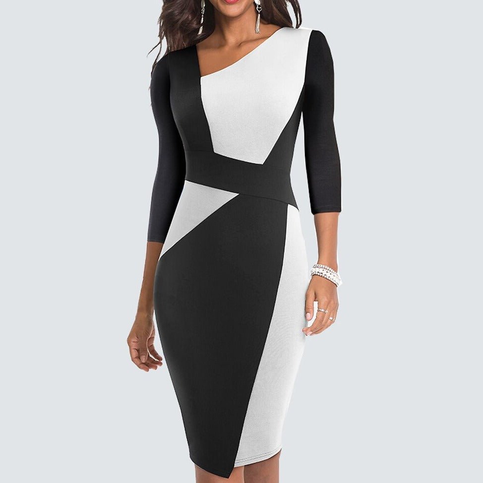 Madison - Formal Women's Wedding Guest Midi Dress with Asymmetric Neckline and Color Block Design