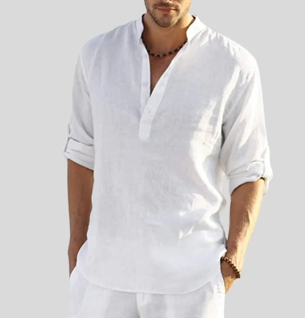 Mason - Casual Men's Linen Shirt with Grandad Collar and Roll-Tab Sleeves