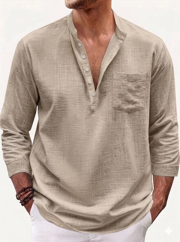 Mason - Smart Men's Linen Henley Shirt with Long Sleeves and Chest Pocket