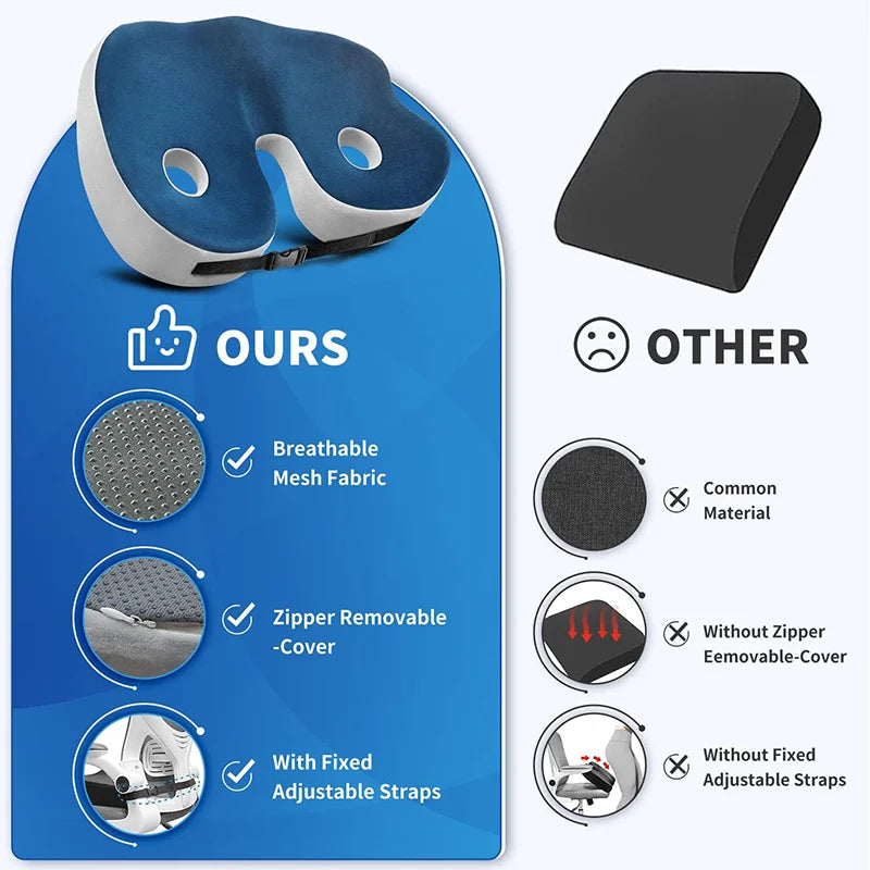 Memory Foam Seat Cushion | Adjustable Ergonomic Support | Pressure Relief for Hips and Tailbone