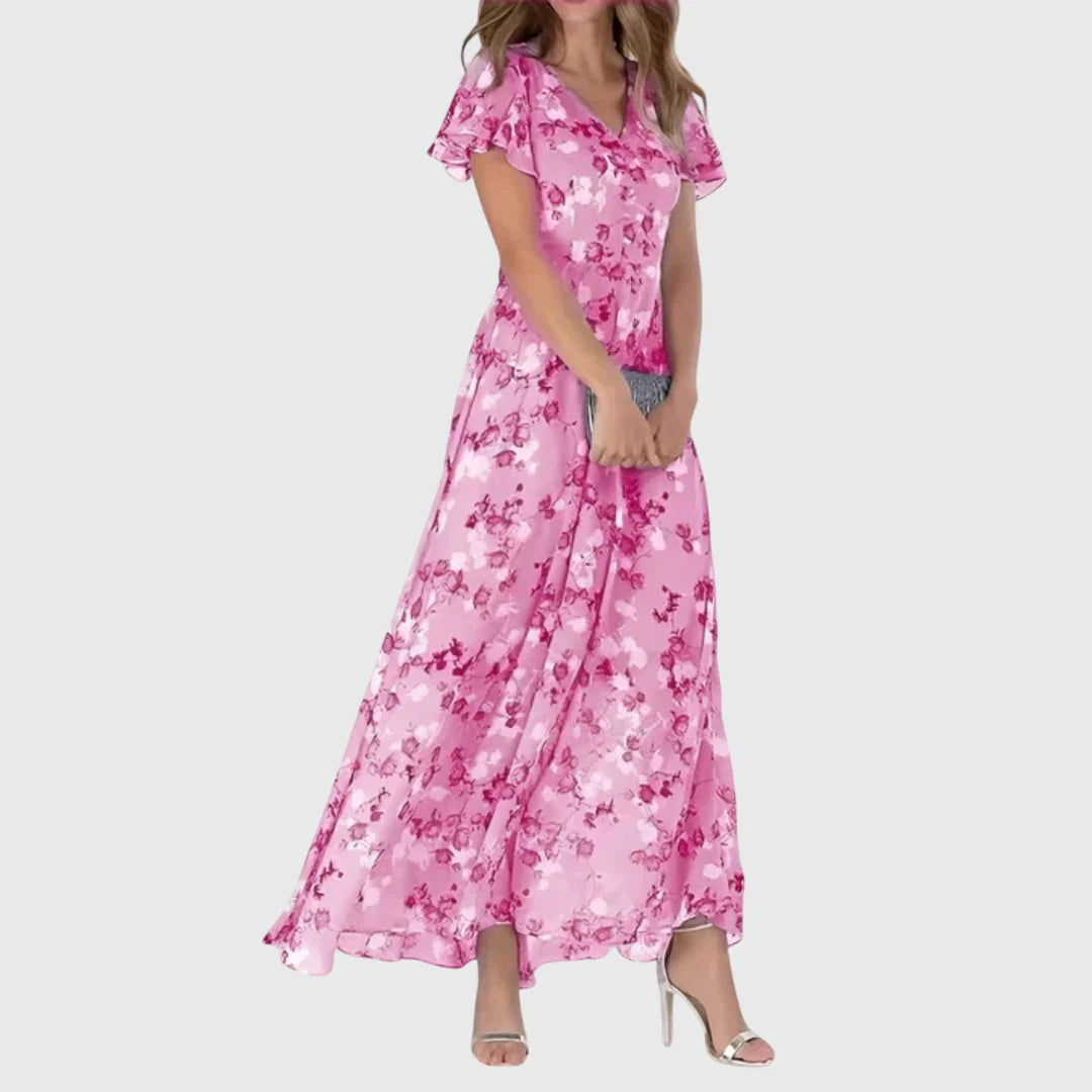 Mia - Flowy Floral Maxi Dress for Women with Flutter Sleeves and V-Neck