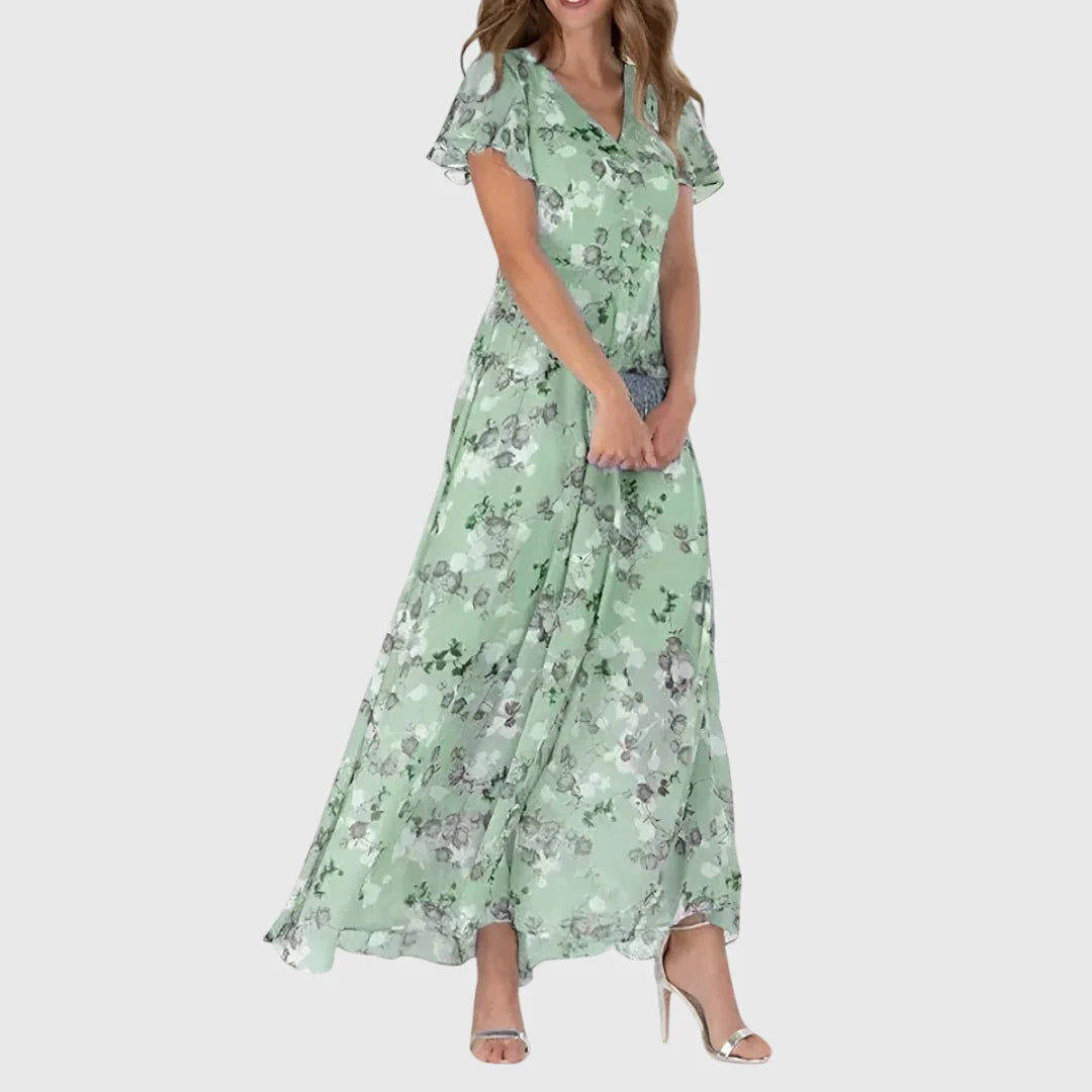 Mia - Flowy Floral Maxi Dress for Women with Flutter Sleeves and V-Neck