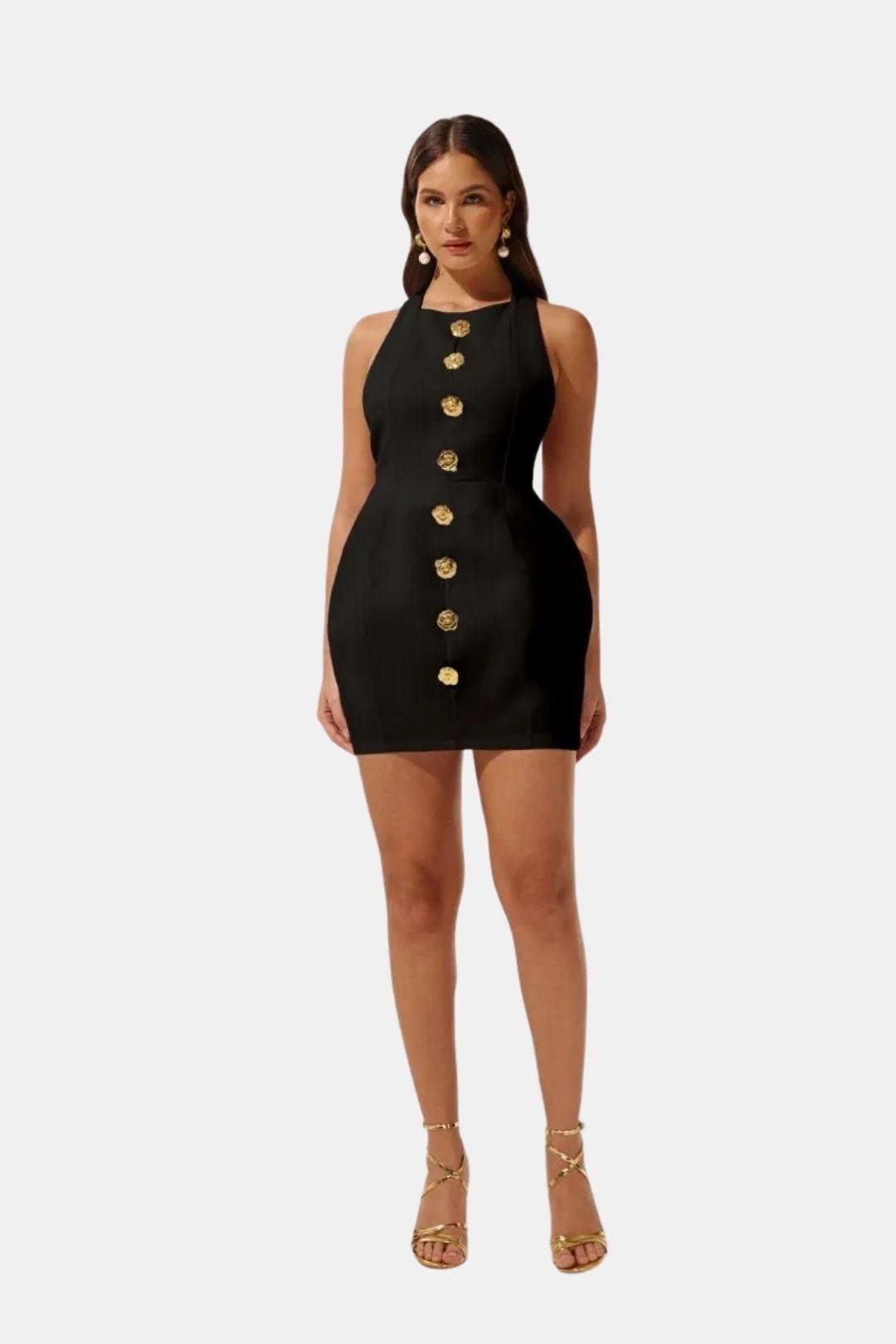 Mia - Elegant Women's Party Dress with Halter Neck and Gold Button Front