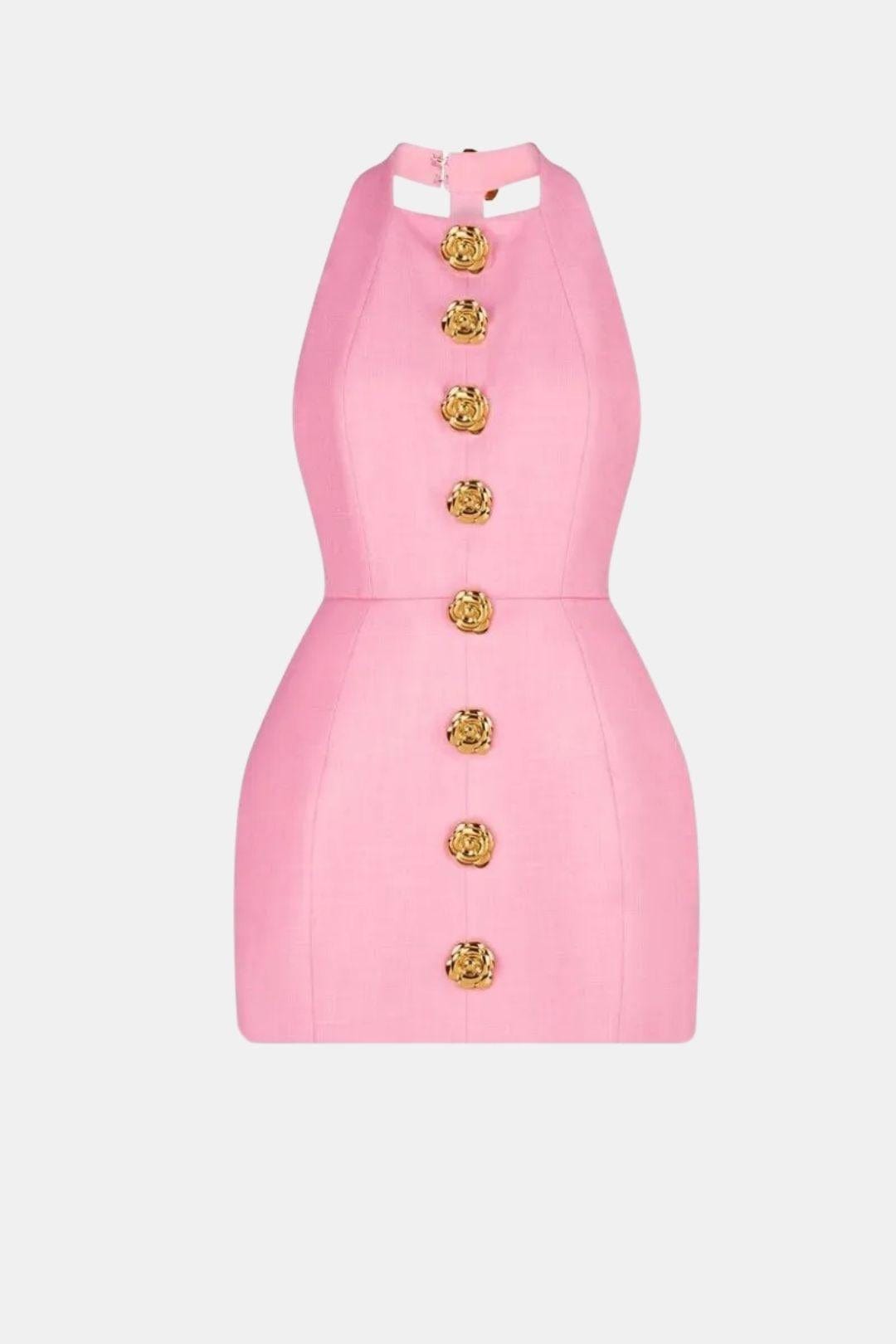 Mia - Elegant Women's Party Dress with Halter Neck and Gold Button Front