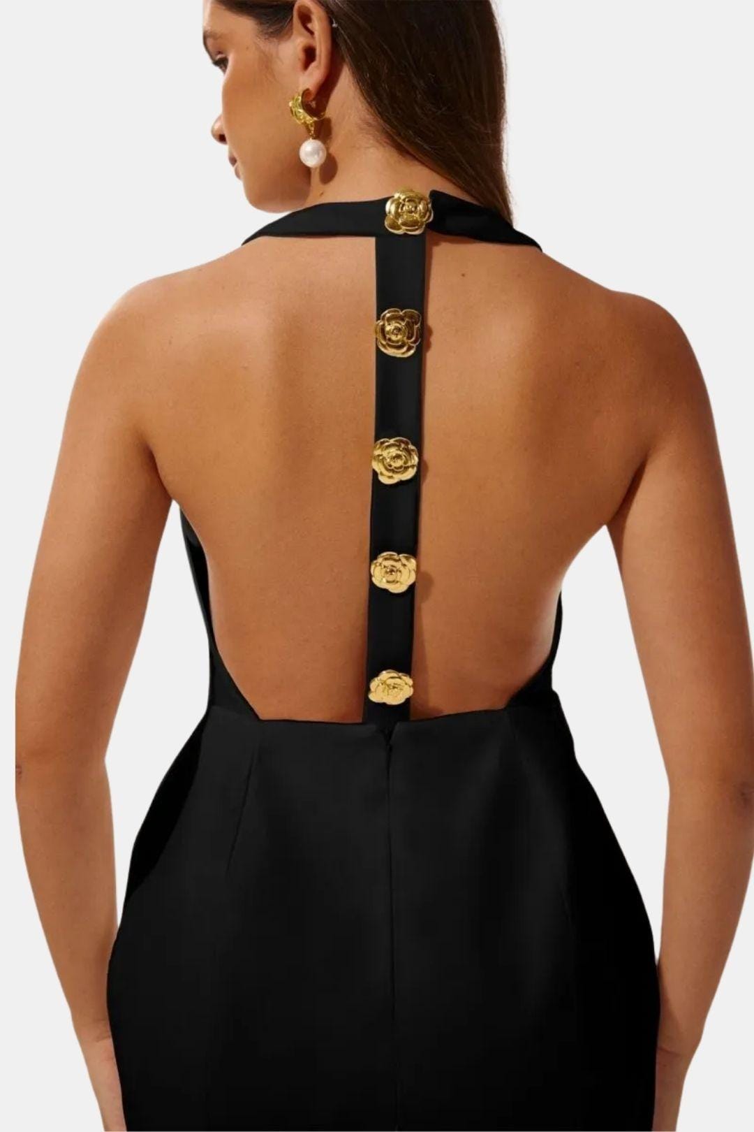 Mia - Elegant Women's Party Dress with Halter Neck and Gold Button Front