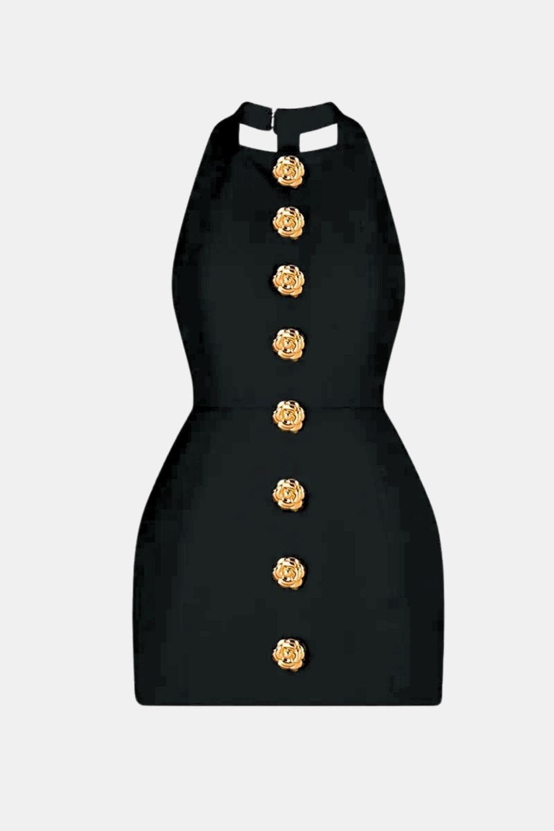 Mia - Elegant Women's Party Dress with Halter Neck and Gold Button Front
