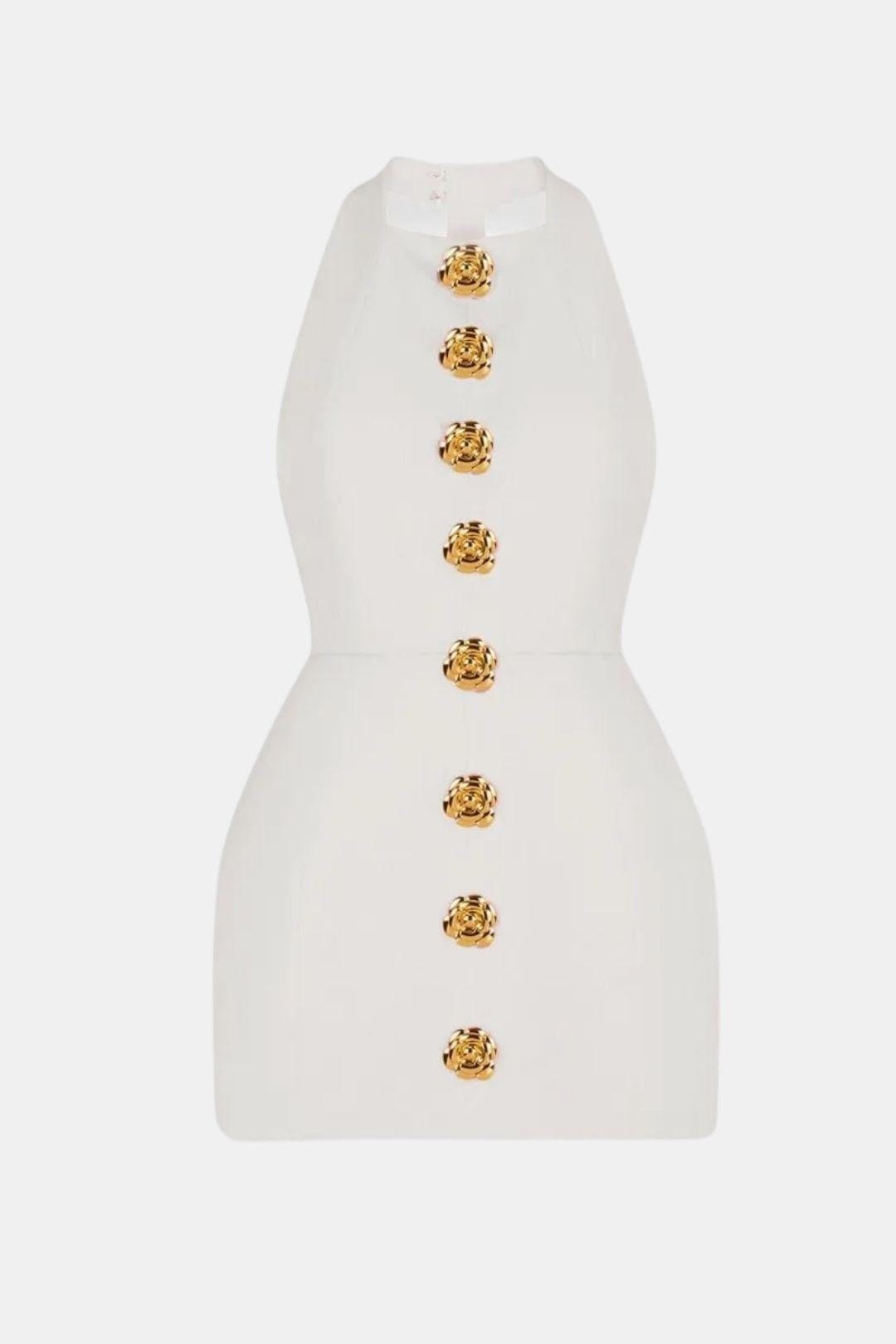 Mia - Elegant Women's Party Dress with Halter Neck and Gold Button Front