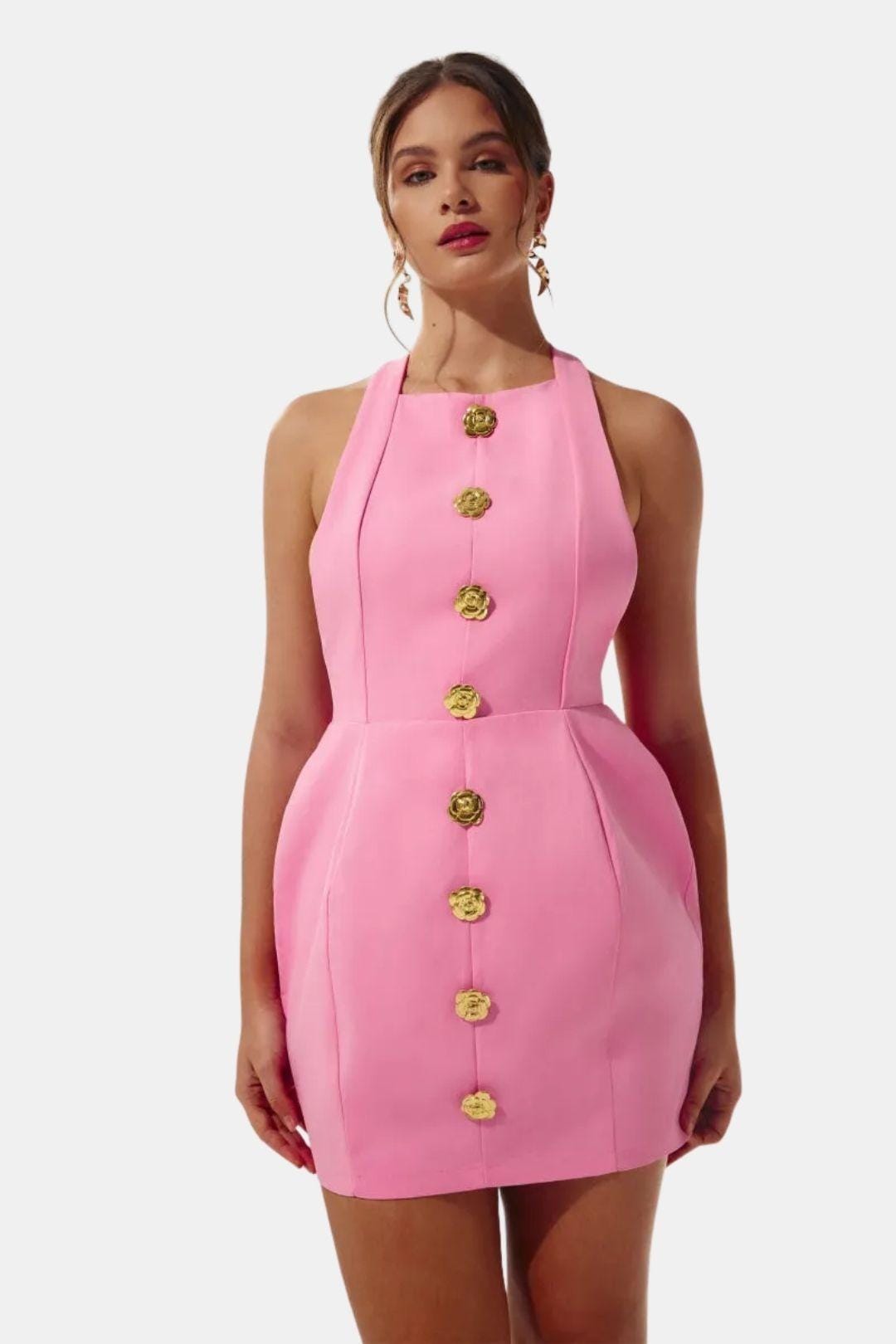 Mia - Elegant Women's Party Dress with Halter Neck and Gold Button Front