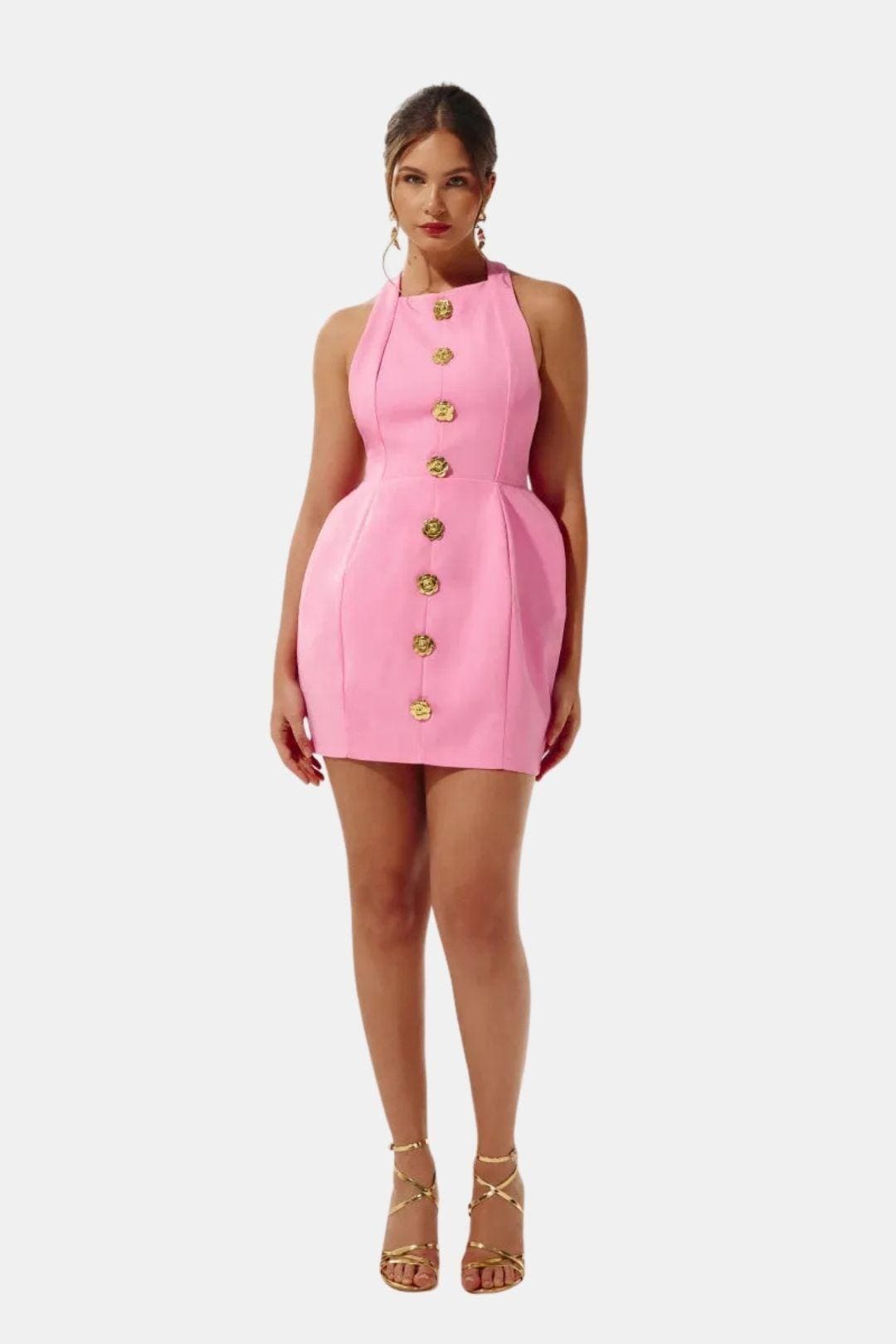 Mia - Elegant Women's Party Dress with Halter Neck and Gold Button Front