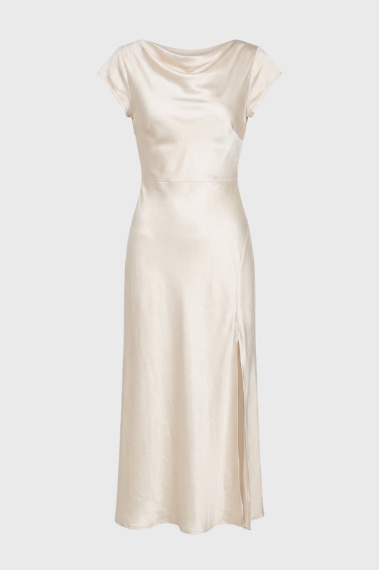 Midi Dress Women - Cowl Neck Cap Sleeve | Side Slit Twist Back