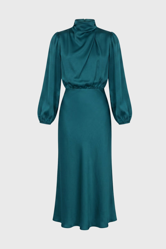 Midi Dress Women - Mock Neck Draped | Bishop Sleeve Design