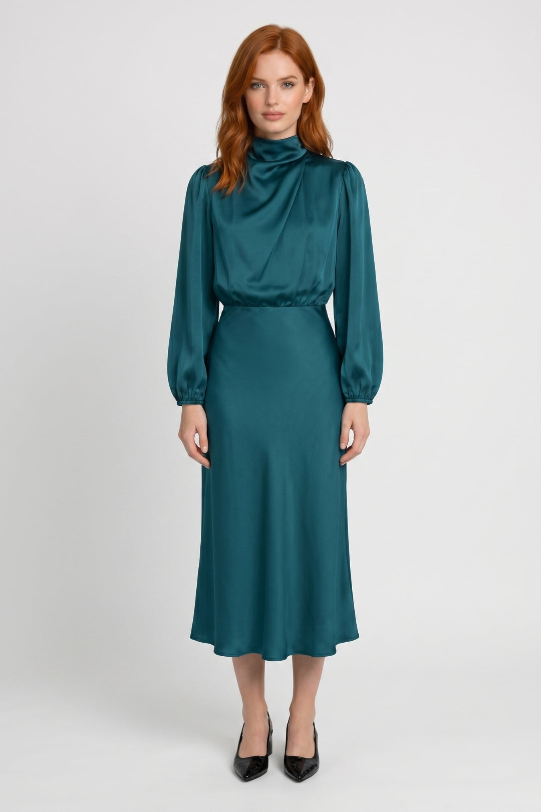 Midi Dress Women - Mock Neck Draped | Bishop Sleeve Design