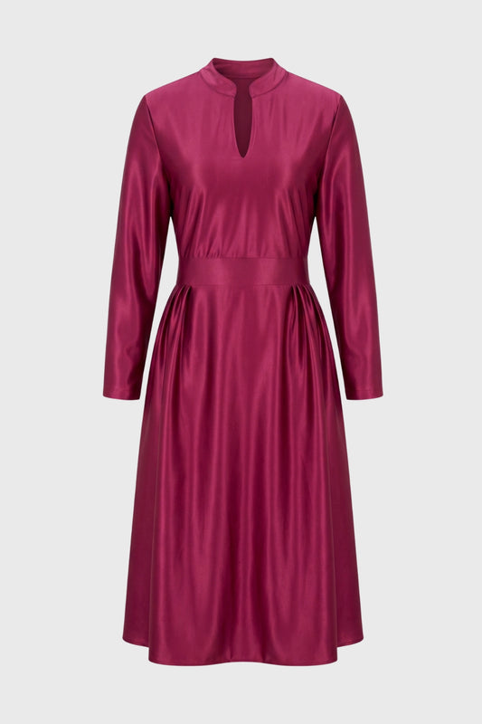 Midi Dress Women - Stand-Up Collar Keyhole | Long Sleeve