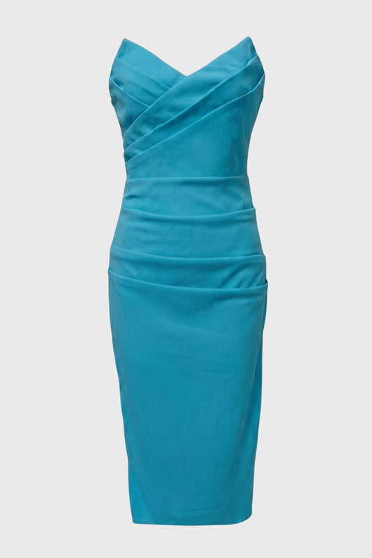 Midi Dress Women - Strapless Ruched Crossover | Turquoise Blue