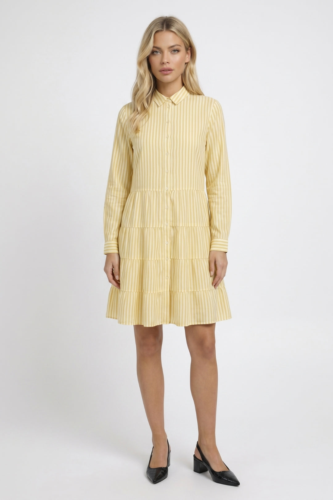 Midi Dress Women - Striped Button-Down | Tiered Collar Design