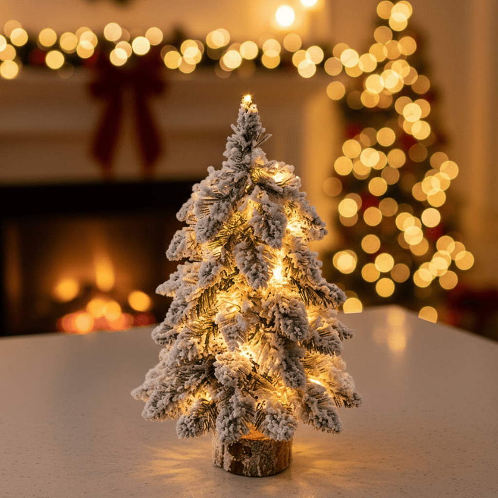 Mini LED Christmas Tree | Frosted Snow-Covered PVC Branches | Warm White Lights | 17.72-Inch Tabletop Decor