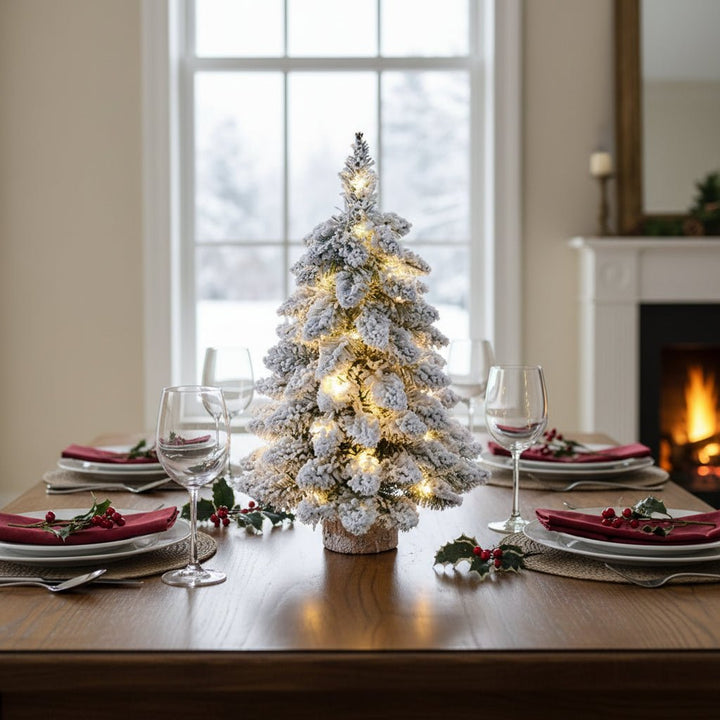 Mini LED Christmas Tree | Frosted Snow-Covered PVC Branches | Warm White Lights | 17.72-Inch Tabletop Decor