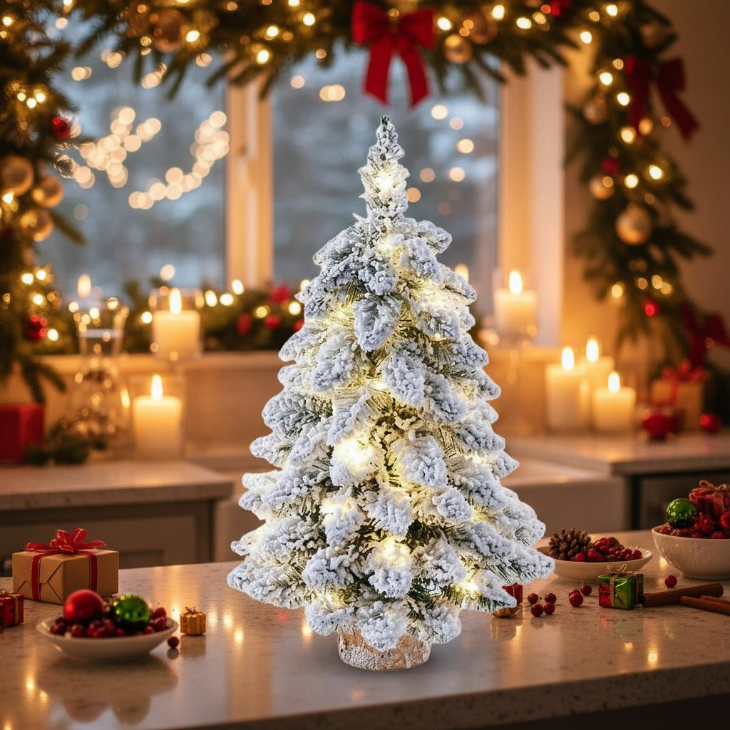 Mini LED Christmas Tree | Frosted Snow-Covered PVC Branches | Warm White Lights | 17.72-Inch Tabletop Decor
