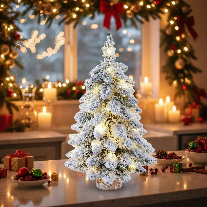 Mini LED Christmas Tree | Frosted Snow-Covered PVC Branches | Warm White Lights | 17.72-Inch Tabletop Decor