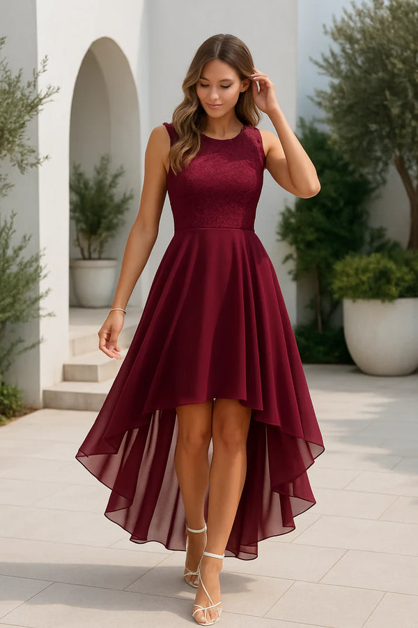 Naomi - Elegant Women's Wedding Guest Dress with Lace Bodice and High Low Hem