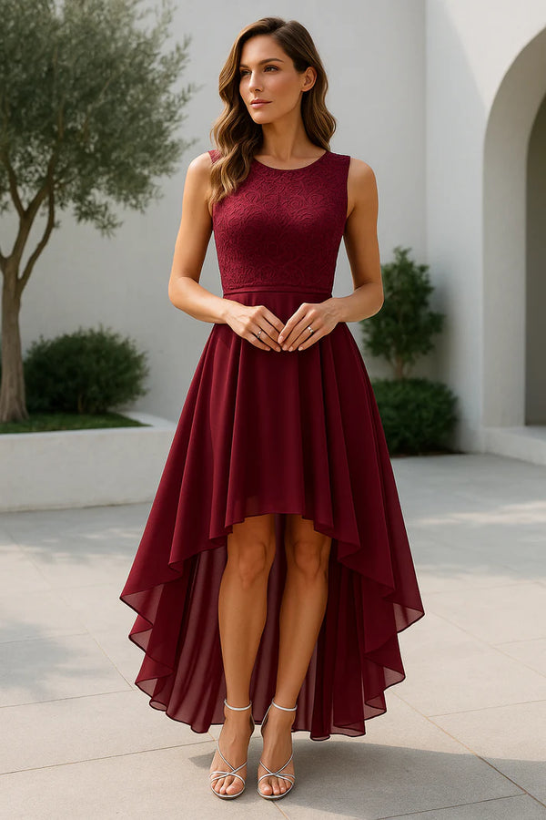 Naomi - Elegant Women's Wedding Guest Dress with Lace Bodice and High Low Hem