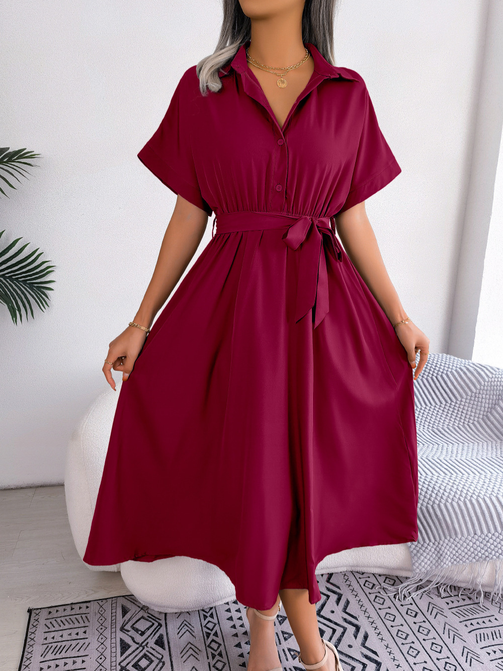 Naomi - Casual Women's Wedding Guest Dress with Shirt Collar and Belted Waist