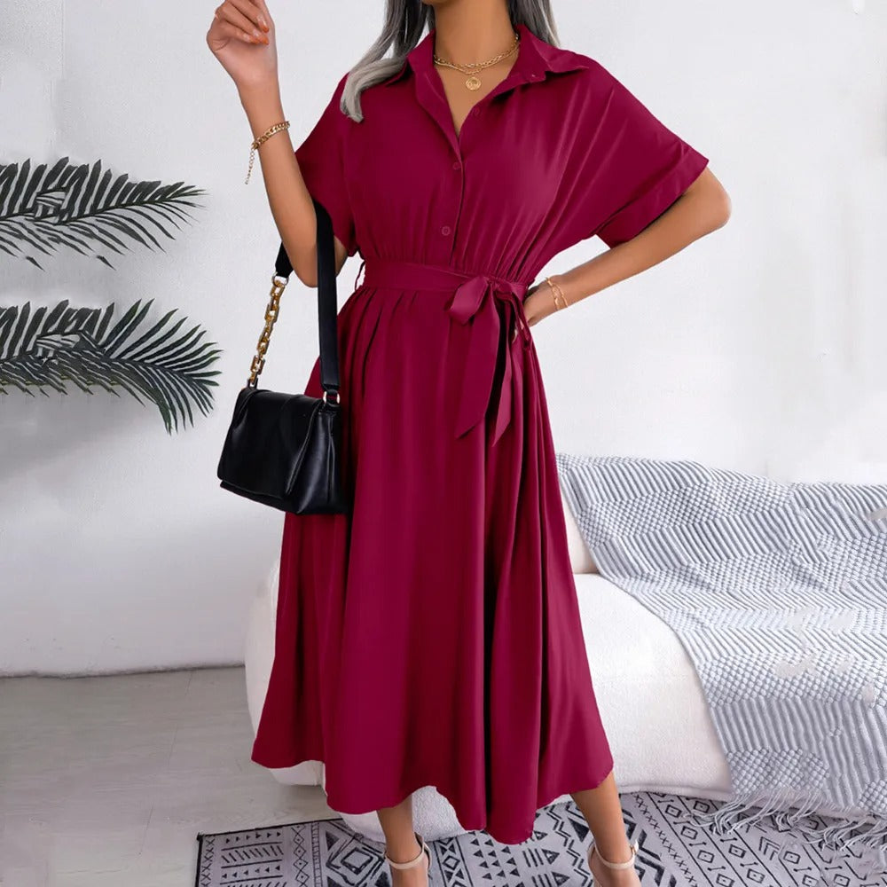 Naomi - Casual Women's Wedding Guest Dress with Shirt Collar and Belted Waist