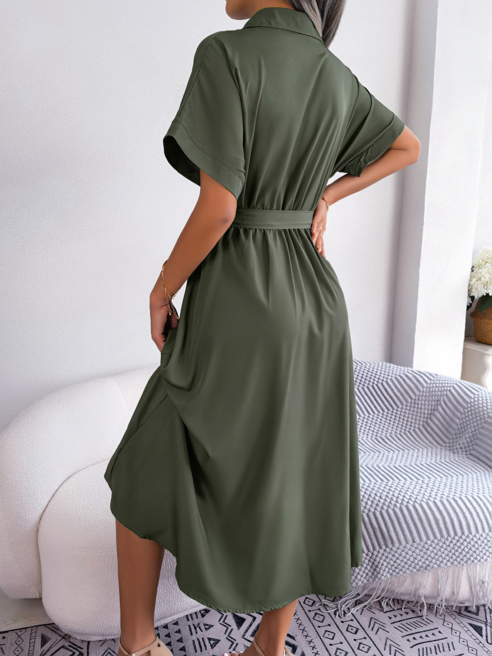 Naomi - Casual Women's Wedding Guest Dress with Shirt Collar and Belted Waist
