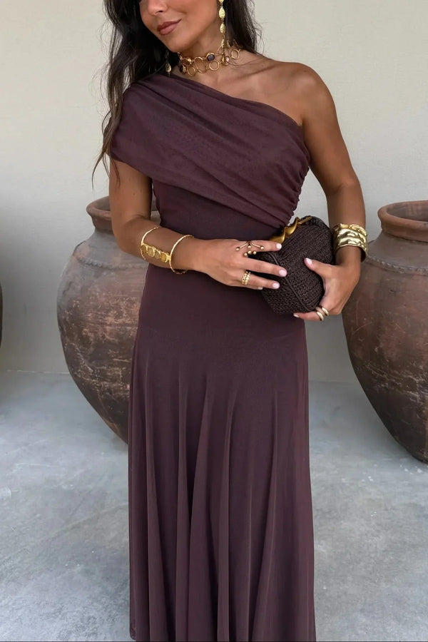 Naomi - Elegant Women's Wedding Guest Dress with One Shoulder Neck and Flowing Maxi Skirt