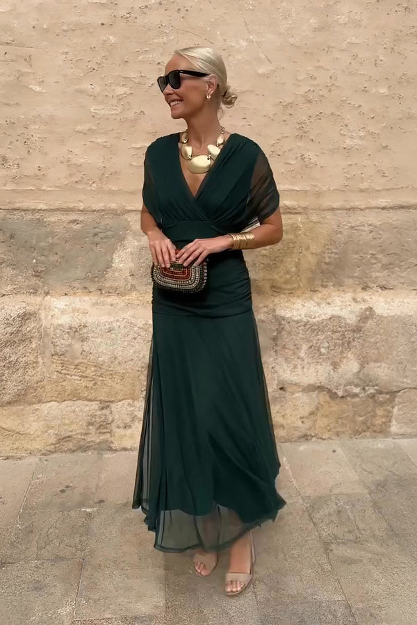 Natalie - Elegant Women's Wedding Guest Maxi Dress with Wrap V Neck and Sheer Overlay Skirt