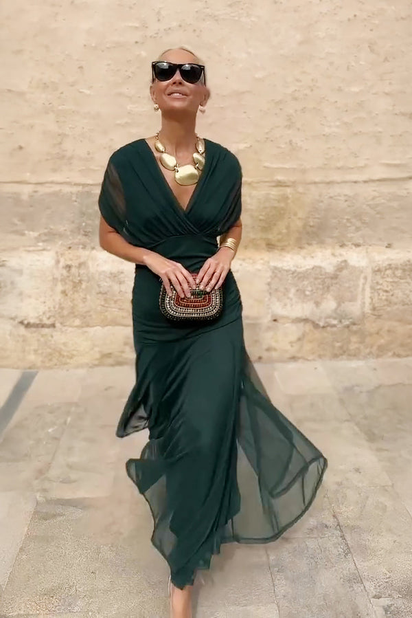 Natalie - Elegant Women's Wedding Guest Maxi Dress with Wrap V Neck and Sheer Overlay Skirt
