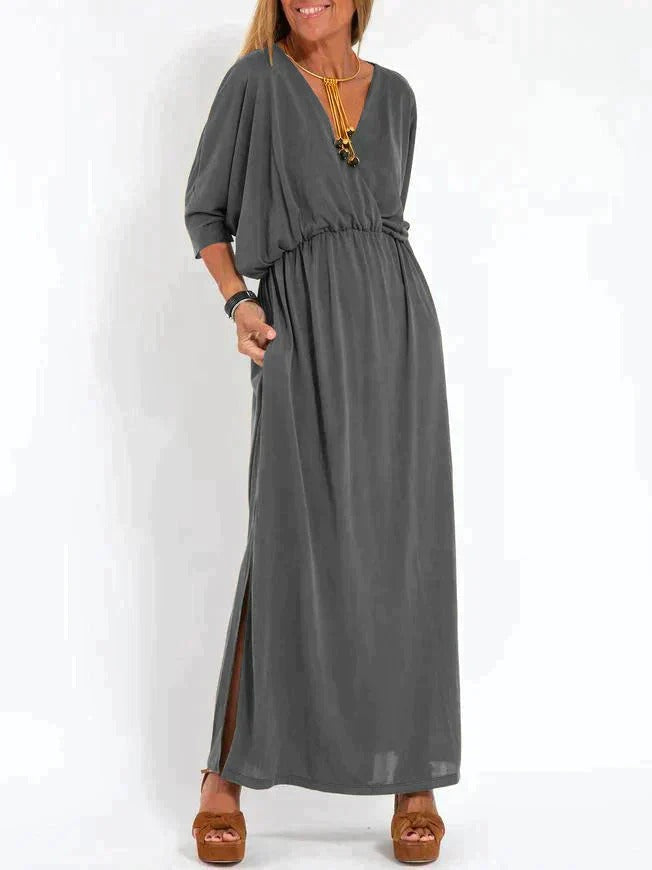 Nora - Boho Women's Wedding Guest Maxi Dress with Deep V-Neckline and Elasticated Waist