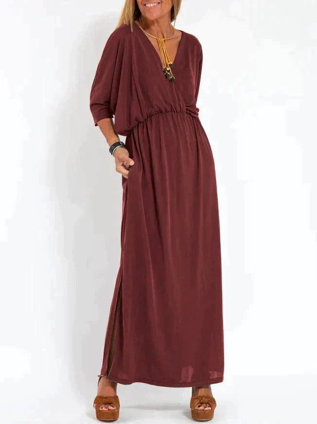 Nora - Boho Women's Wedding Guest Maxi Dress with Deep V-Neckline and Elasticated Waist