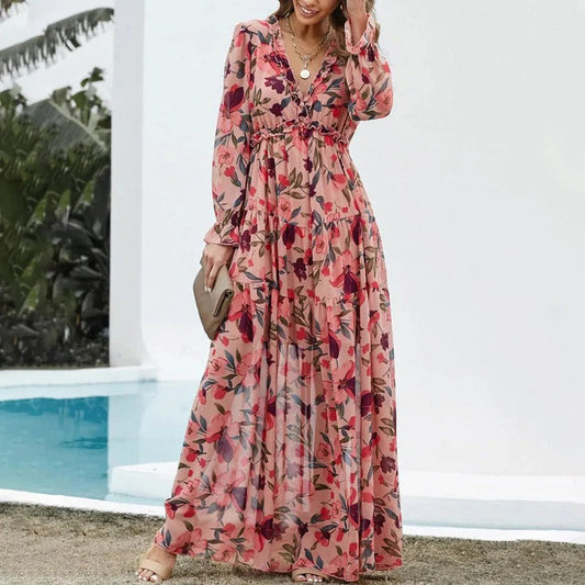 Nora - Flowy Women's Wedding Guest Dress with Floral Print and Long Sleeves