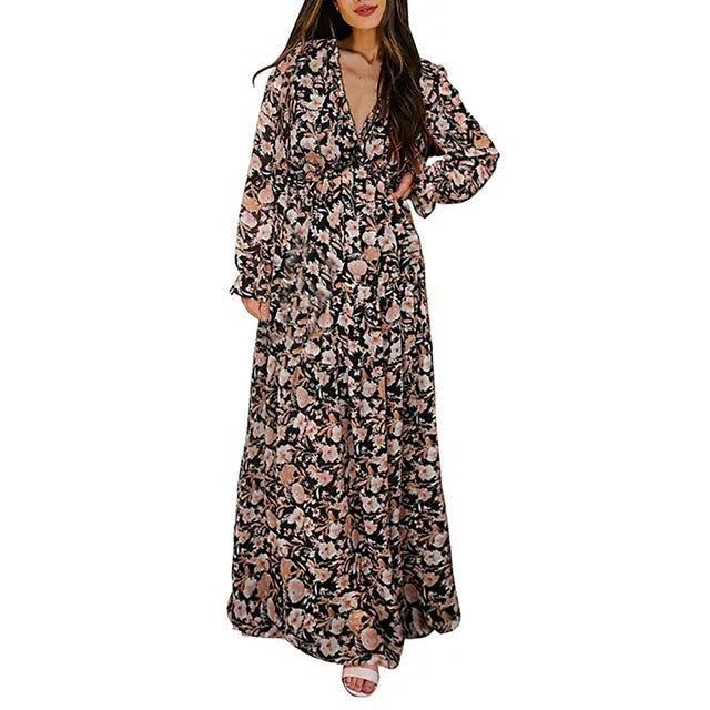 Nora - Flowy Women's Wedding Guest Dress with Floral Print and Long Sleeves