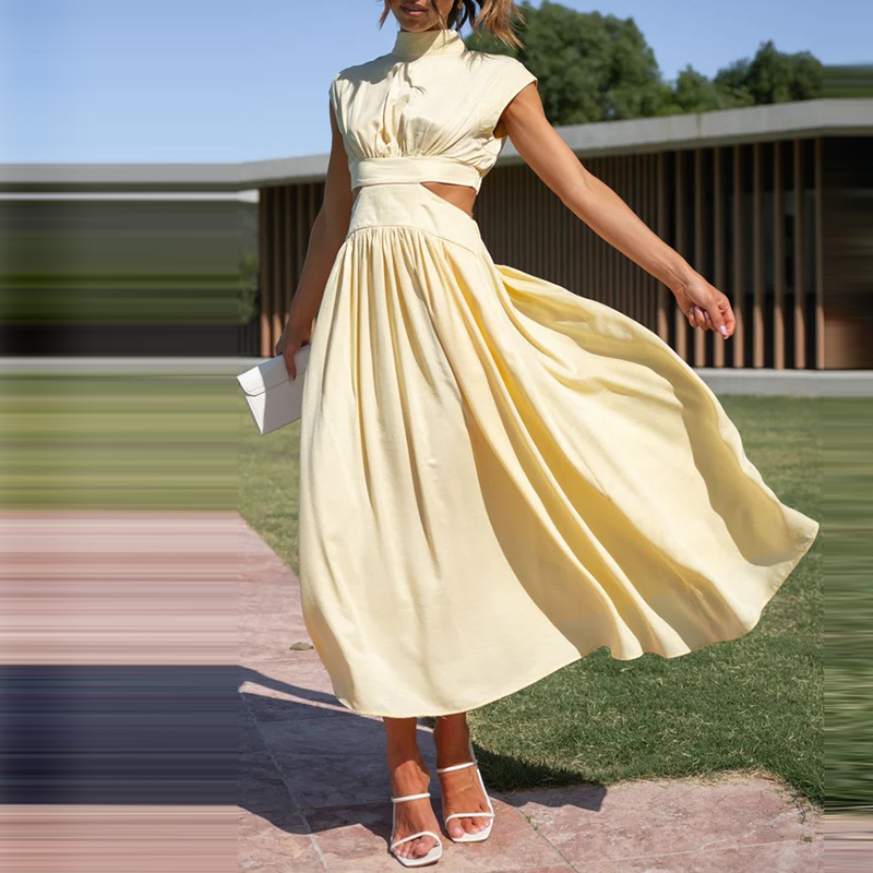 Olivia - Flowy Women's Wedding Guest Dress with Cutout Waist and Mock Neck