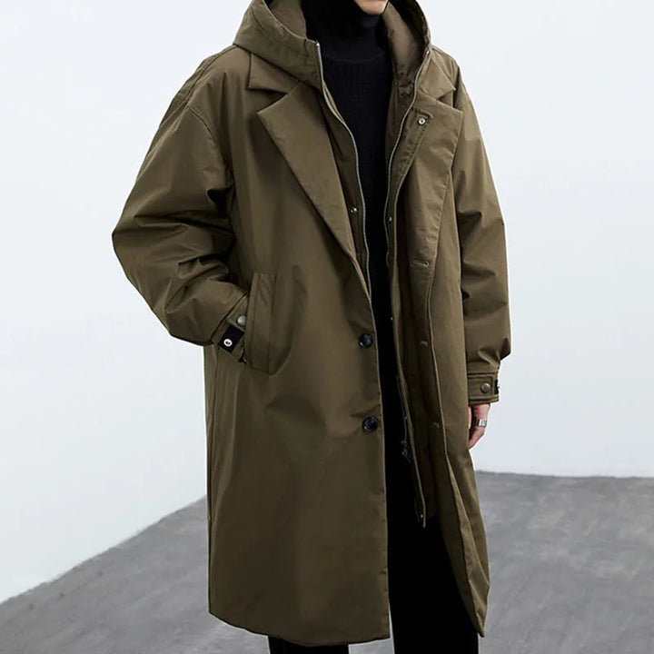 Owen - Men’s winter parka jacket with waterproof hood and long button front