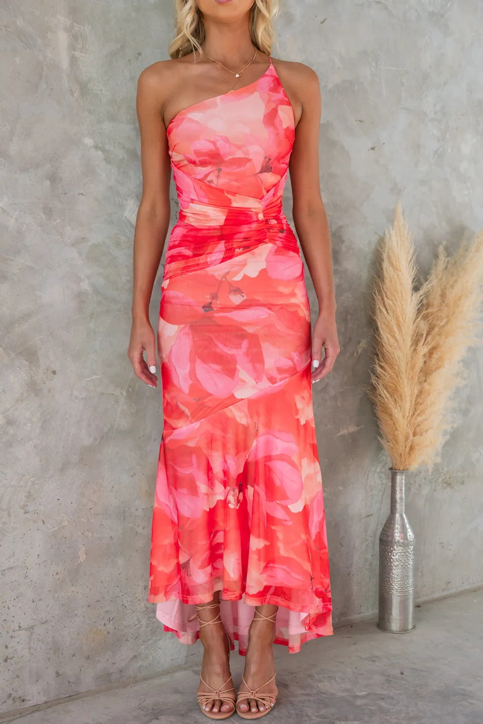 Penelope - Flowy Women's Summer Dress with One-Shoulder Neckline and Ruffle Hem Midi