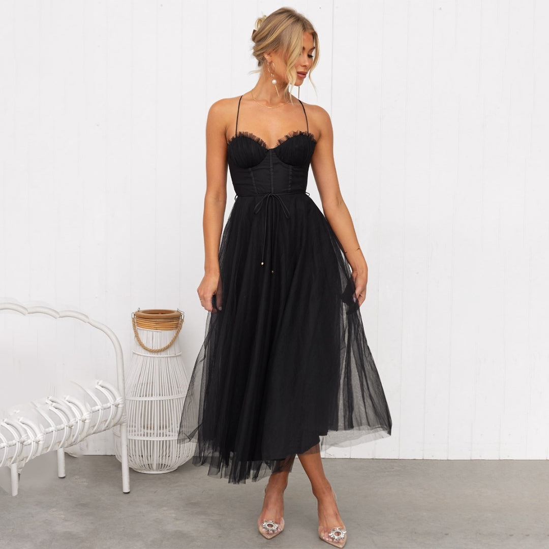 Penelope - Romantic Women's Wedding Guest Dress with Bustier Bodice and Tulle Midi Skirt